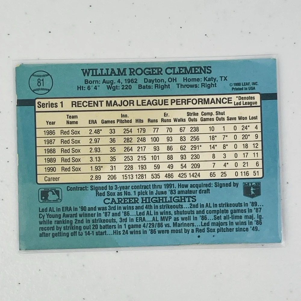 1991 Donruss Roger Clemens 81 Boston Red Sox Baseball  Trading Card Blue Stripes